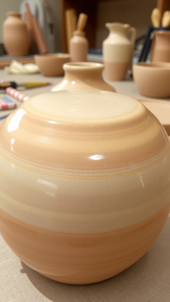 Ceramic piece with oatmeal glaze, warm tones, and glossy finish in a potter